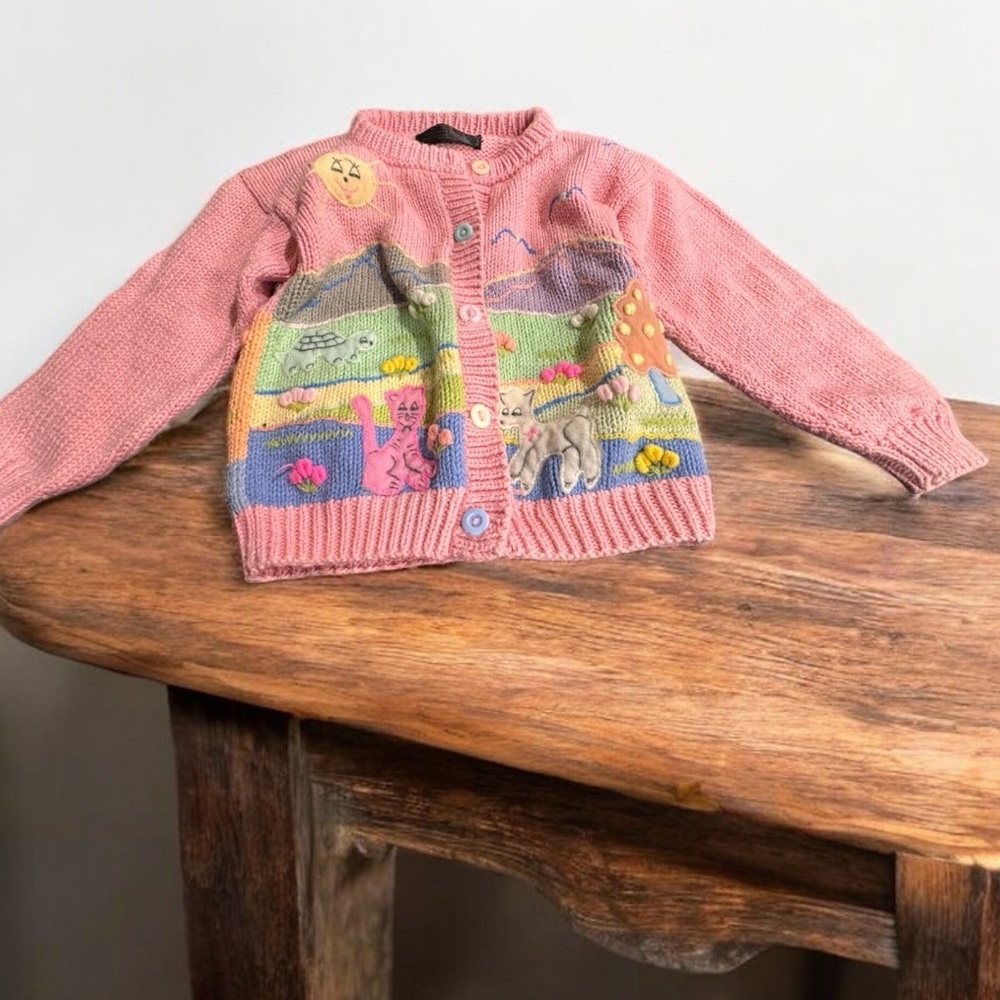 Peruvian handmade cotton Pink and Multicolor Animal Sweater size 4 T